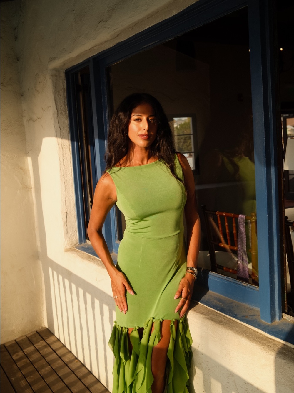 Green Ruffled High-Slit Evening Dress - Women - Picture 3 of 4